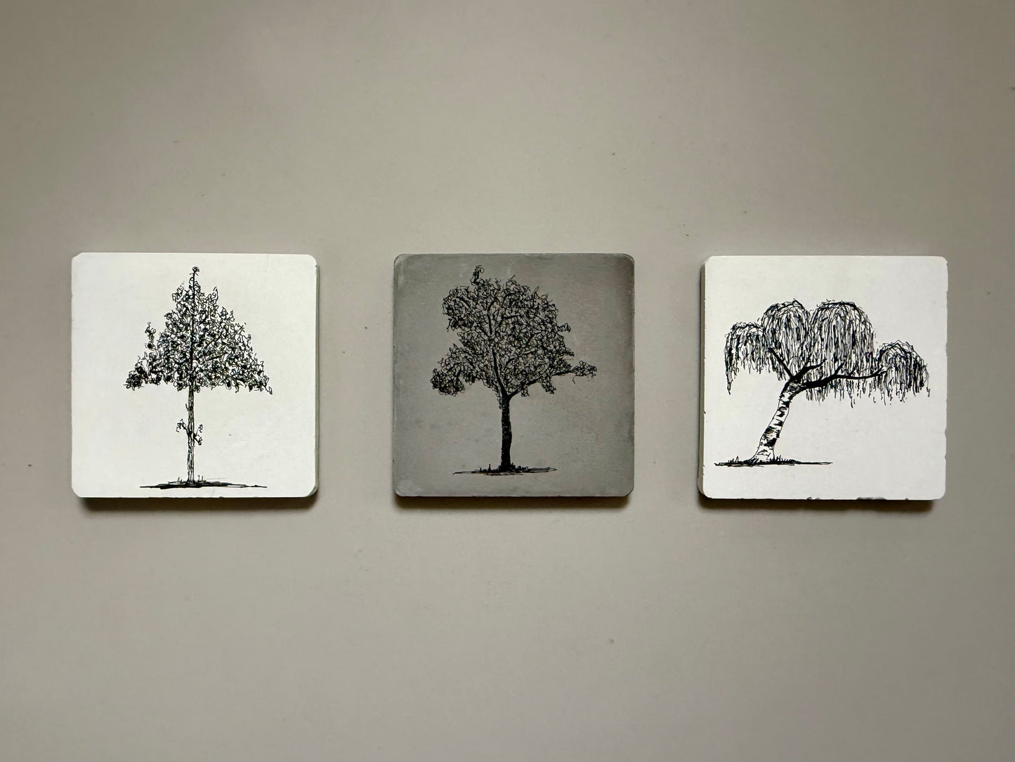 Ink drawing of a tree with dense, tangled canopy on a square cement tile, hand-drawn in black ink.