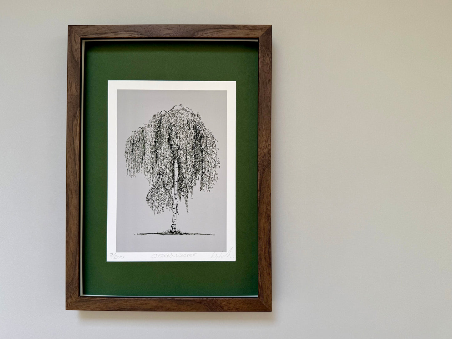A framed art print featuring a black ink sketch of a weeping tree on a light gray background, surrounded by a white mat and a dark green mat board, all enclosed in a dark brown wooden frame and hung on a light gray wall.