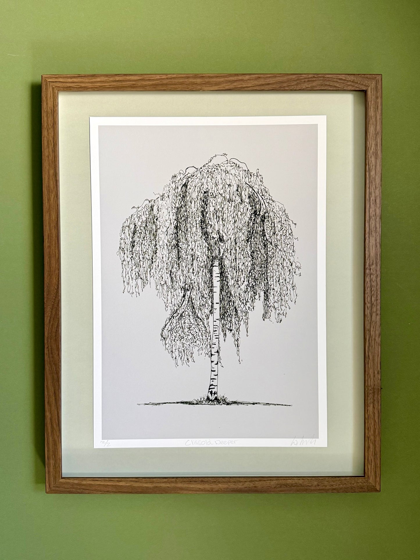 Framed black and white drawing of a willow tree on a green wall