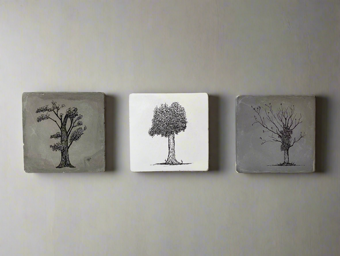 Original ink tree drawing on a square grey cement tile with branching canopy and fine-line detail.