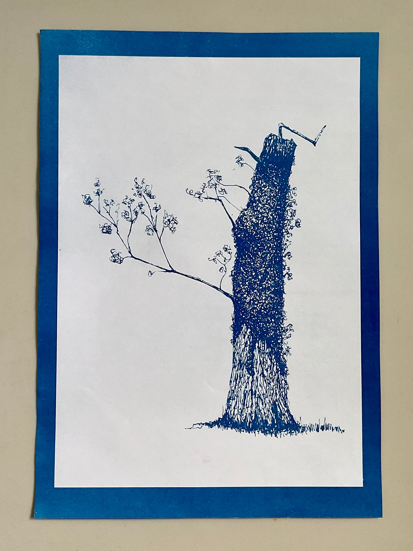Framed cyanotype of a leaning tree in positive print — dark blue ink drawing on a light background, created using a handmade traditional cyanotype process.