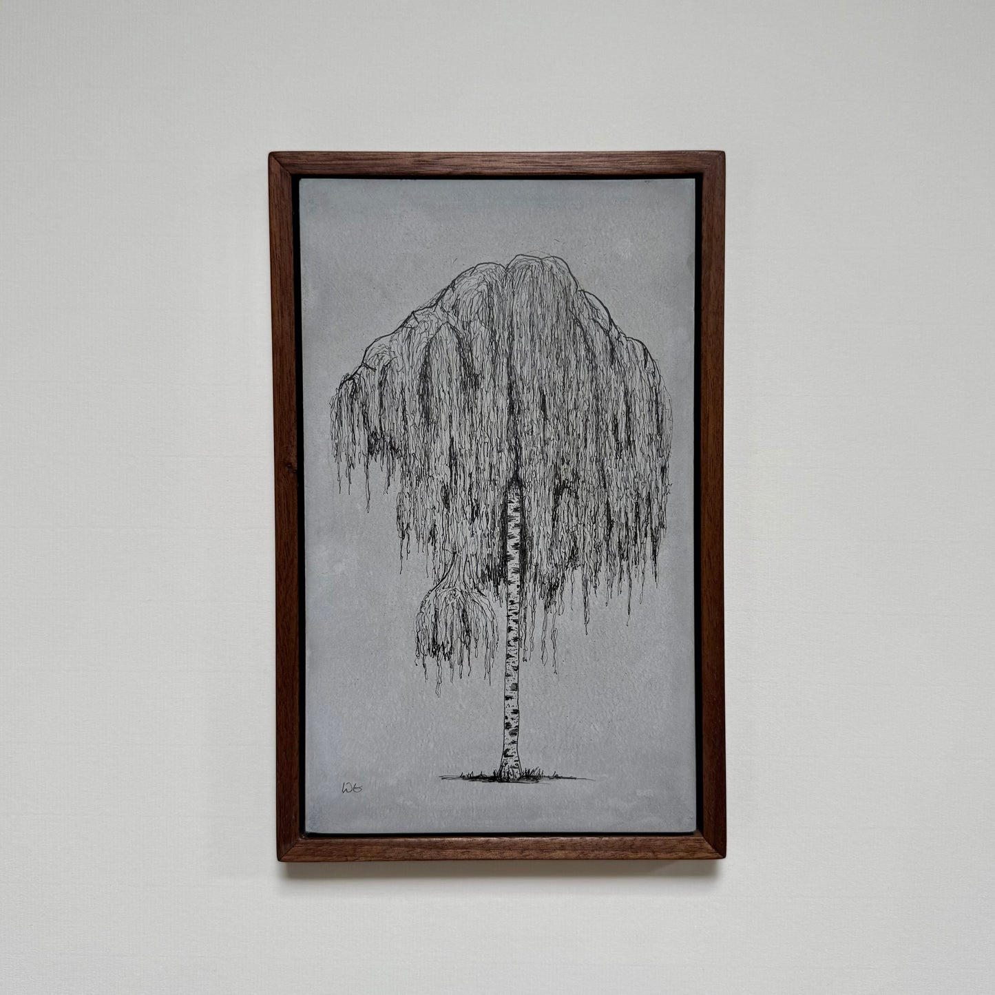 A unique ink drawing of a birch tree in Clissold Park, made on a hand-cast cement slab and presented in a solid black walnut frame.