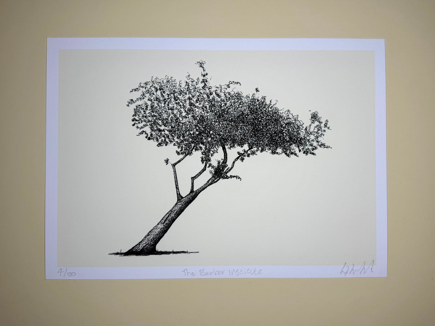 Black and white tree illustration on a beige background