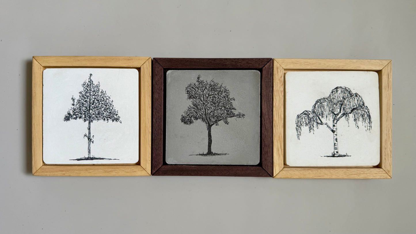 “Set of three framed ink tree drawings by Warren Garland, each on hand-cast cement tiles. The collection features different tree forms in light and dark wood frames.”
