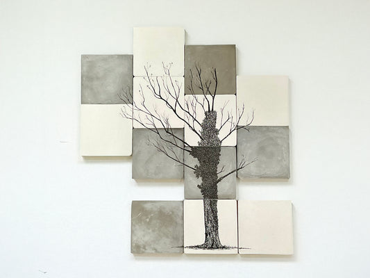 Ink drawing of an ivy-covered oak tree illustrated across twelve hand-cast cement tiles in tones of grey and white.