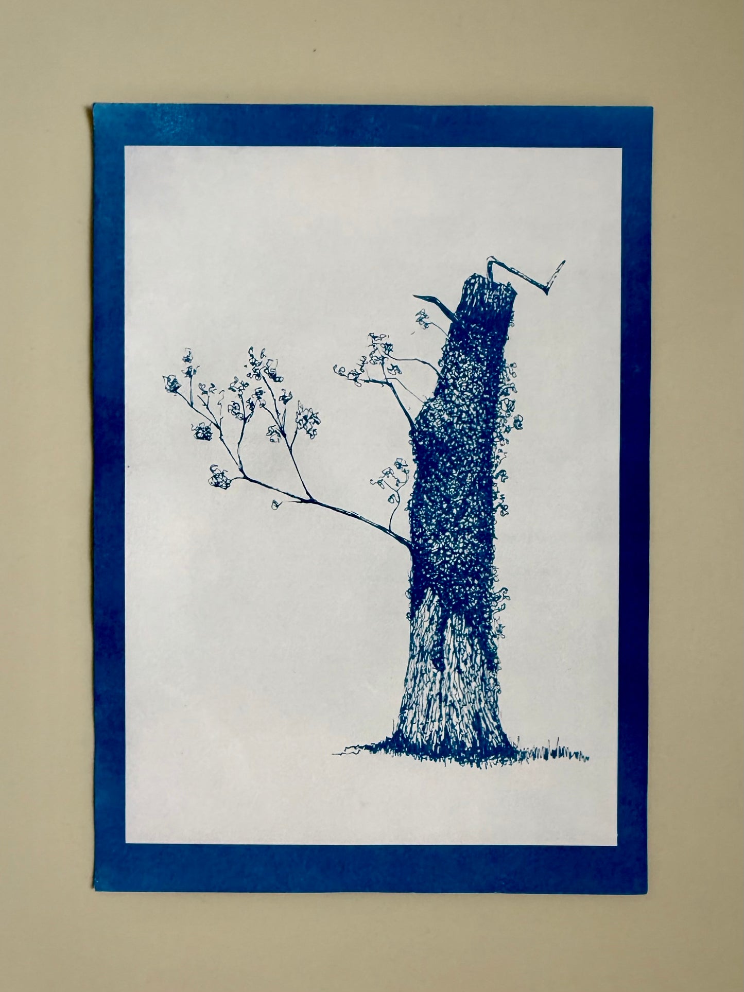 “Malvern Leaner – artist proof cyanotype test print by Warren Garland, A4, deep Prussian blue”