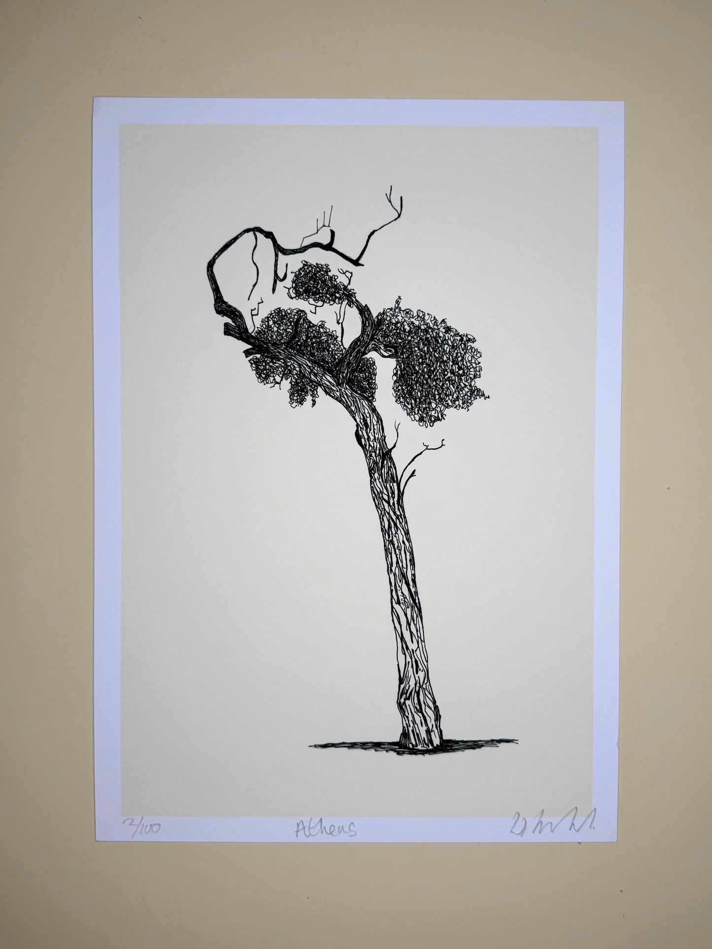Black and white illustration of a tree on a beige background