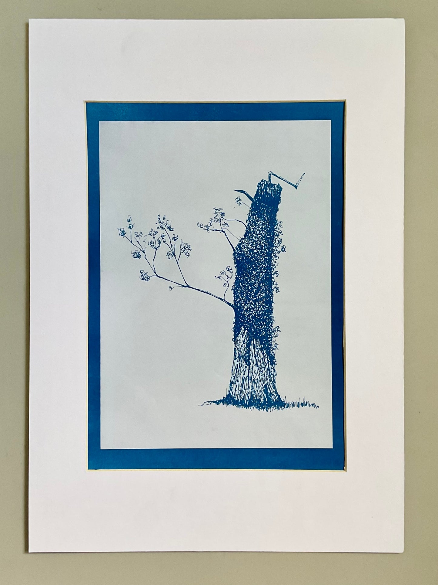 Framed cyanotype of a leaning tree in positive print — dark blue ink drawing on a light background, created using a handmade traditional cyanotype process.