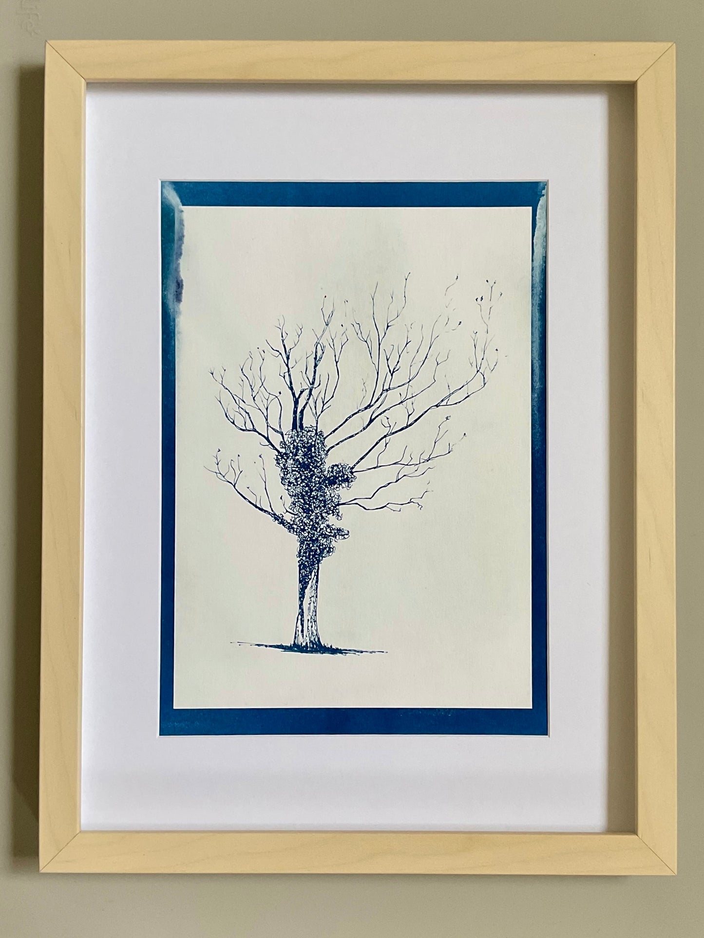 Positive cyanotype print of a bare winter oak tree wrapped in ivy, printed in deep blue on white background. Original art by Warren Drawing Trees.