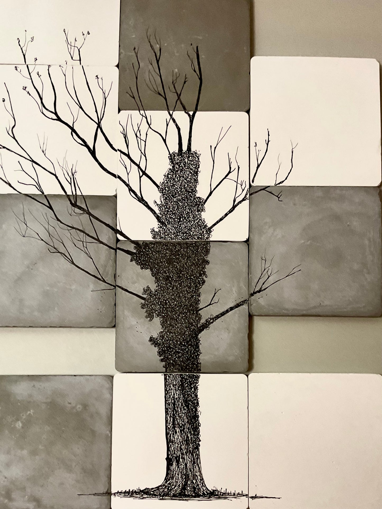 Ivy-Clad Oak – Original Tree Drawing on Hand-Cast Cement Tiles