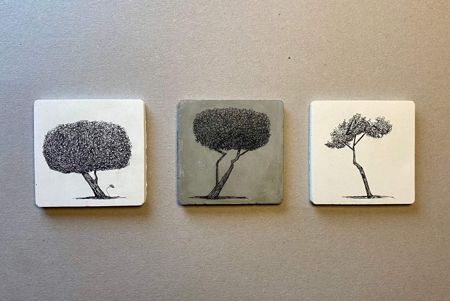 • Worcestershire Sauce – original ink tree drawing on cement tile by Warren Garland
• Handmade cement art tile featuring unique tree illustration
• Miniature tree artwork – ink on cast cement tile by UK artist