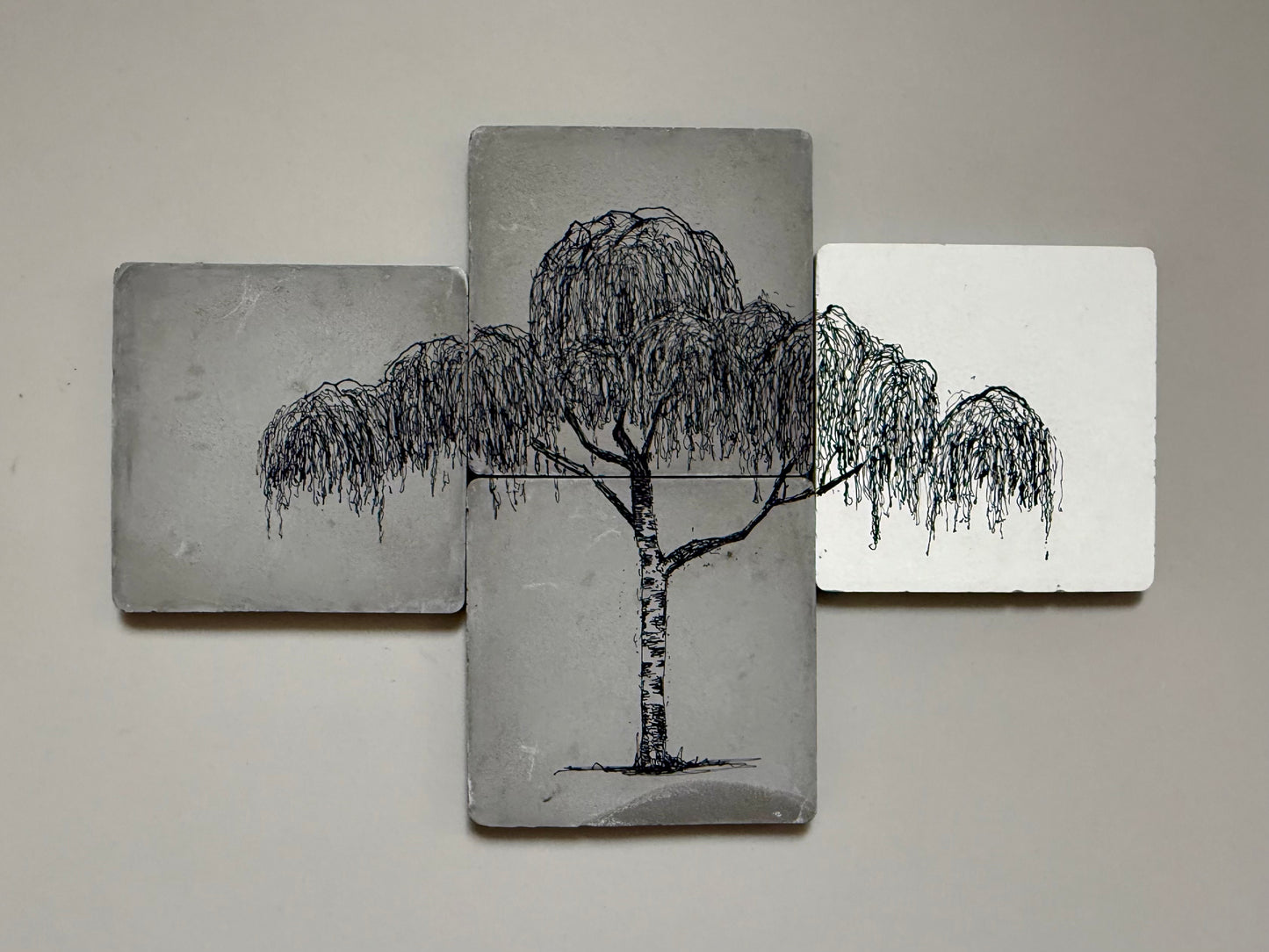 Weeping Tree Triptych – Original Ink Drawing on Cement Tiles