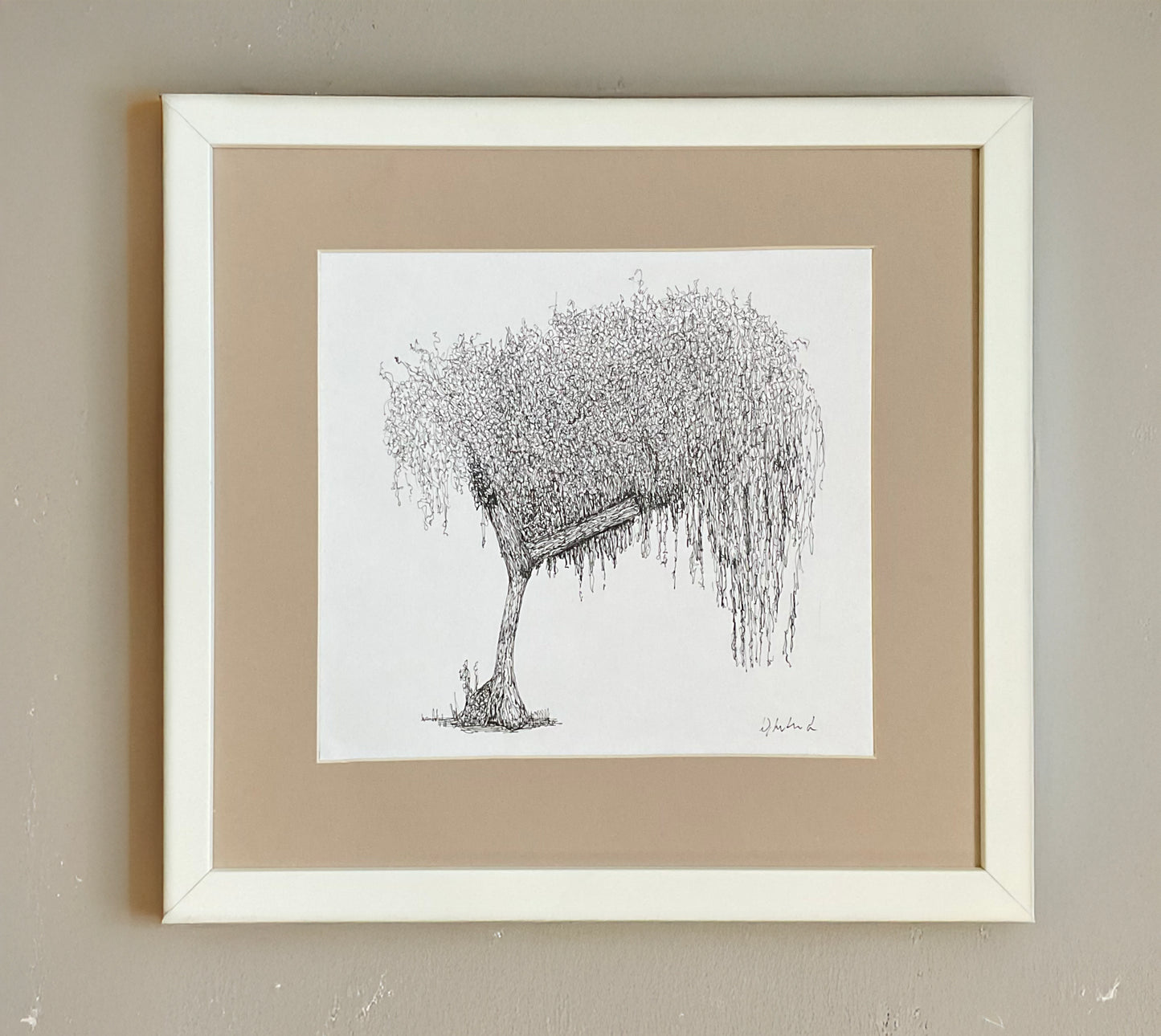 Original pen and ink drawing of a tree in Cannon Hill Park, one side weeping and full, the other neatly trimmed – mounted and ready to frame.