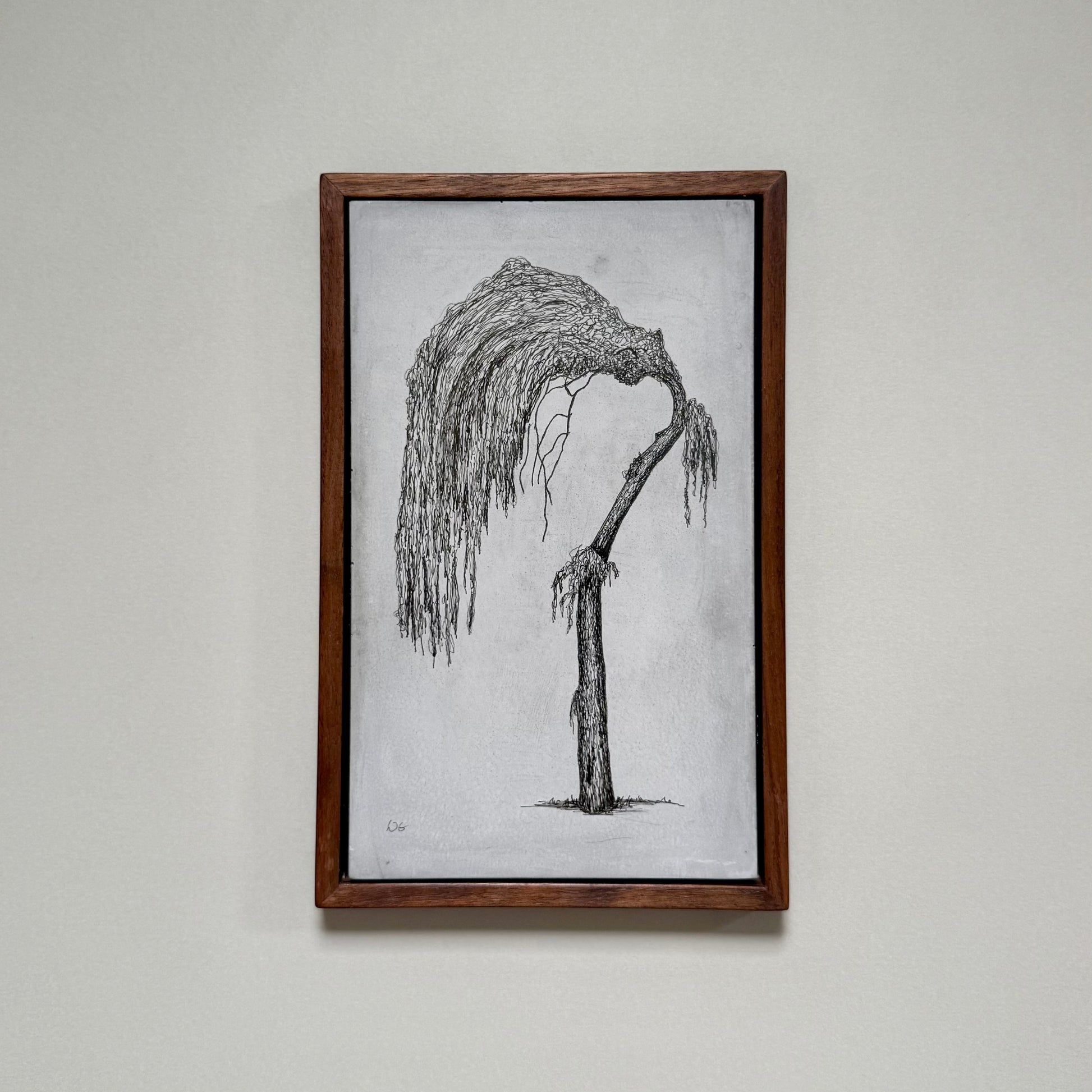 Framed original drawing of a willow tree in Dalston on cement, photographed hanging on a pale wall.