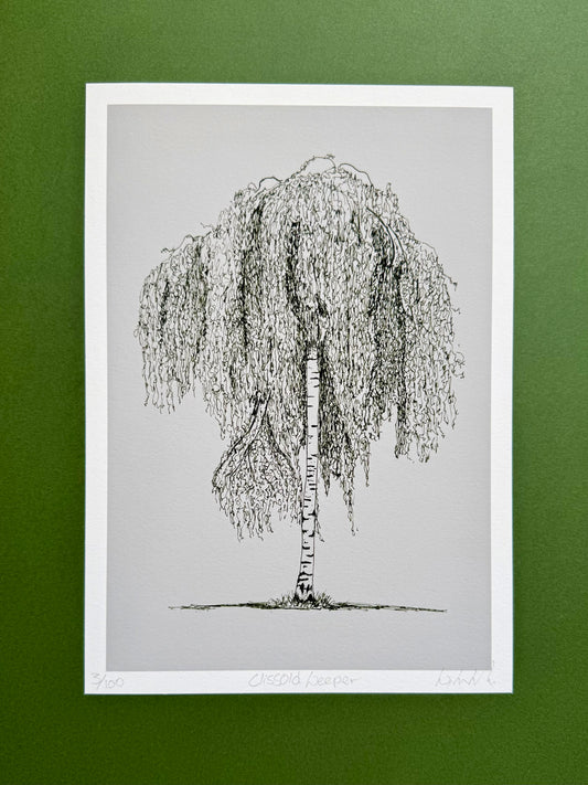 A black and white ink drawing of a weeping tree on a light gray paper sheet with a white border, displayed against a solid green background.
