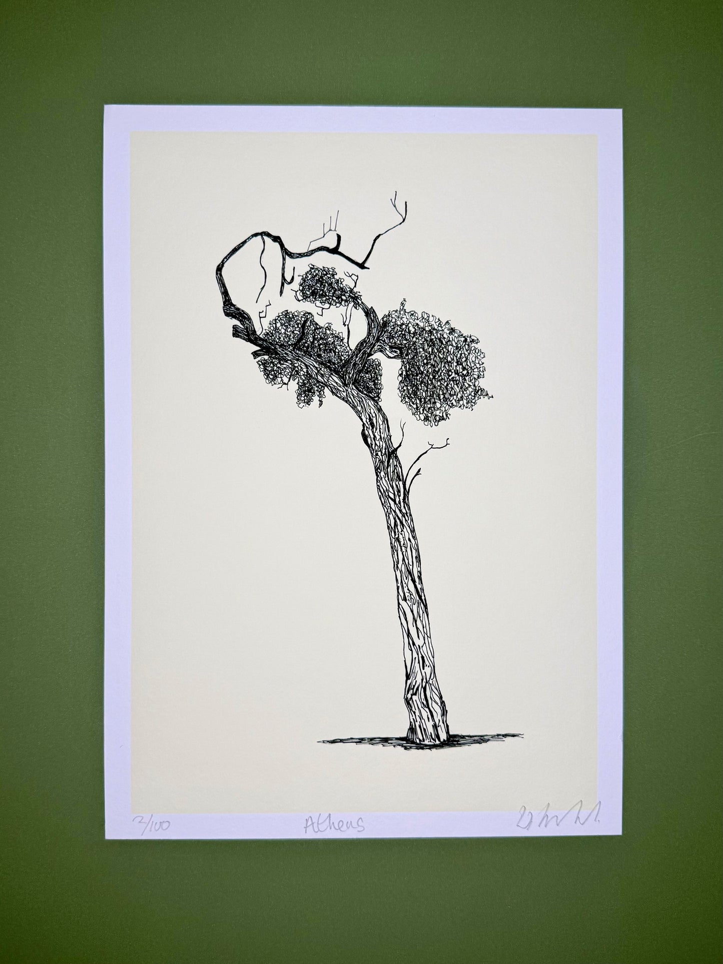 Black and white illustration of a tree on a light purple background