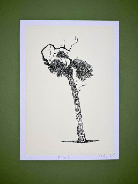 Black and white illustration of a tree on a light purple background