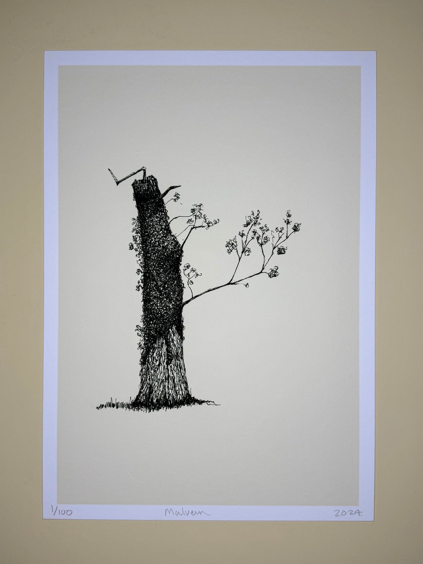 Black and white illustration of a tree stump with branches on a beige background