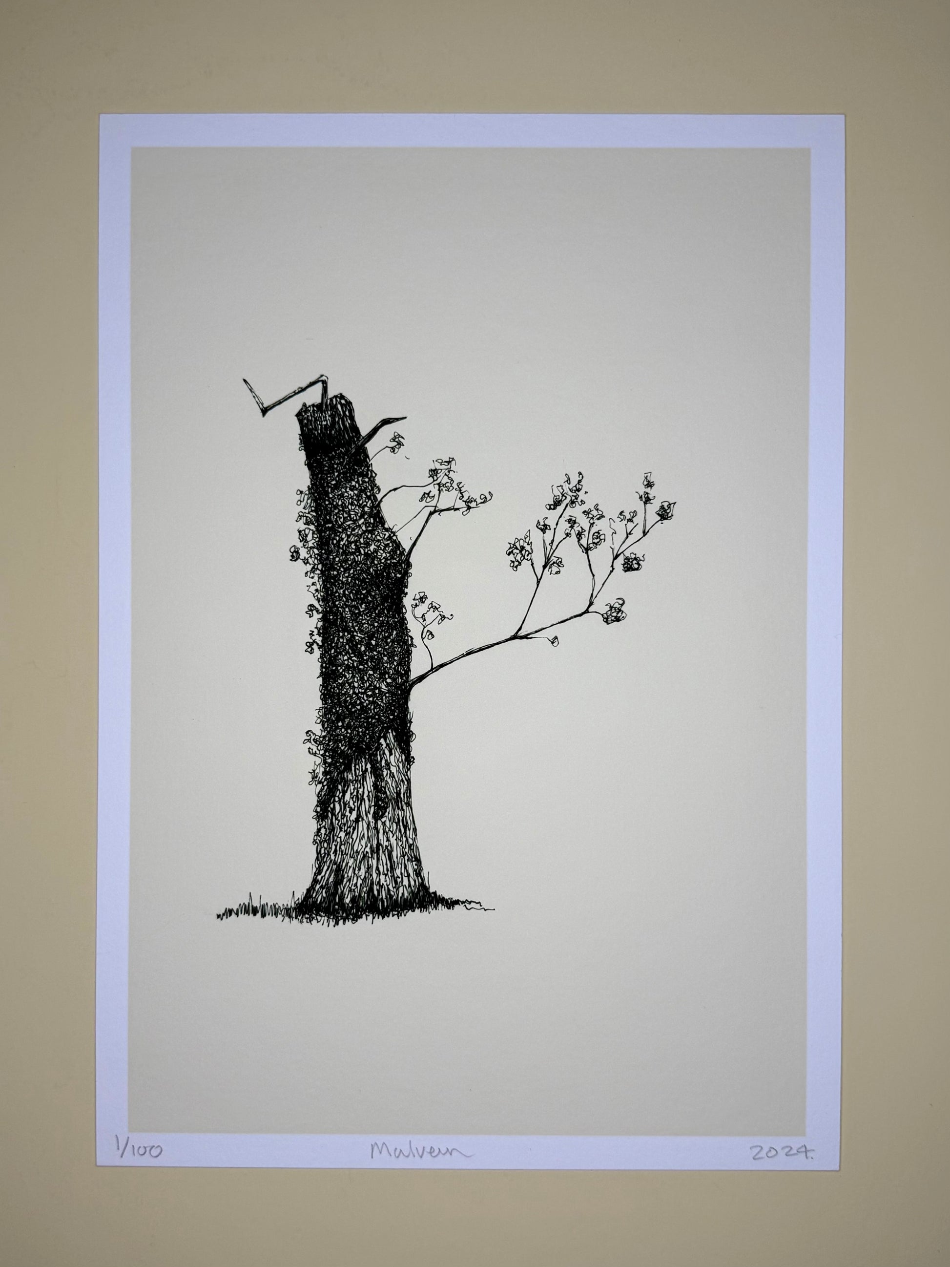 Black and white illustration of a tree stump with branches on a beige background