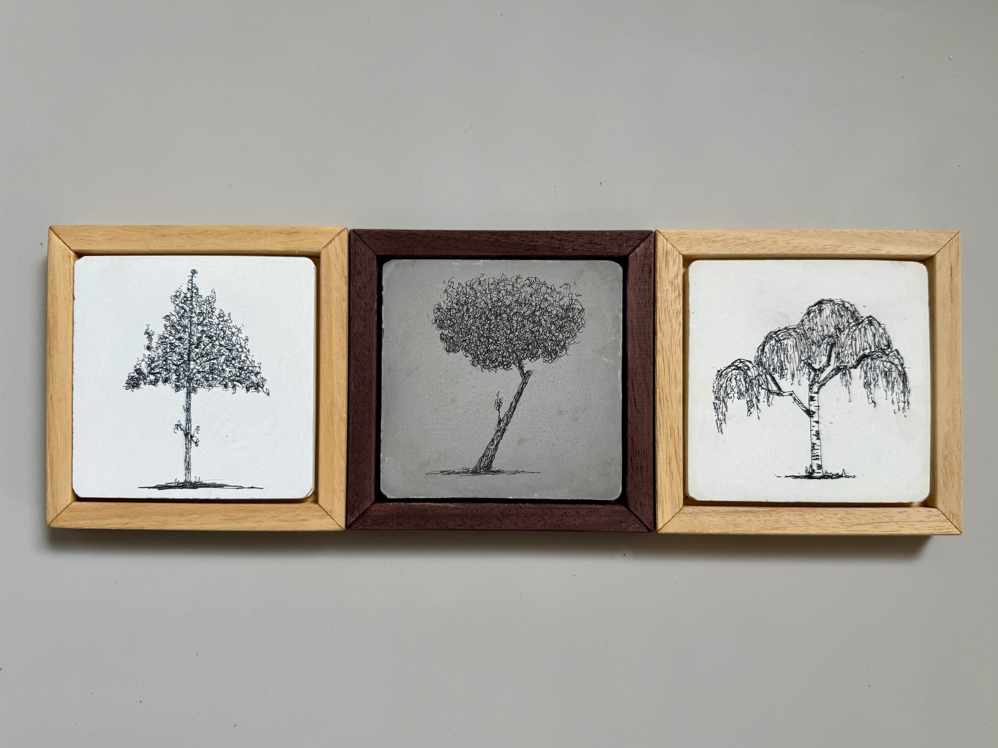 Original ink drawing of a leaning tree on cement tile in a dark wooden frame by Warren Drawing Trees.