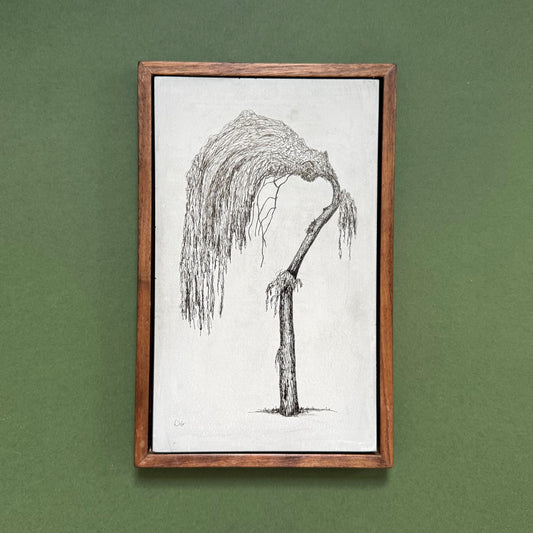 Original ink drawing of a Dalston willow tree on a handmade cement slab, displayed in a walnut frame against a green background.