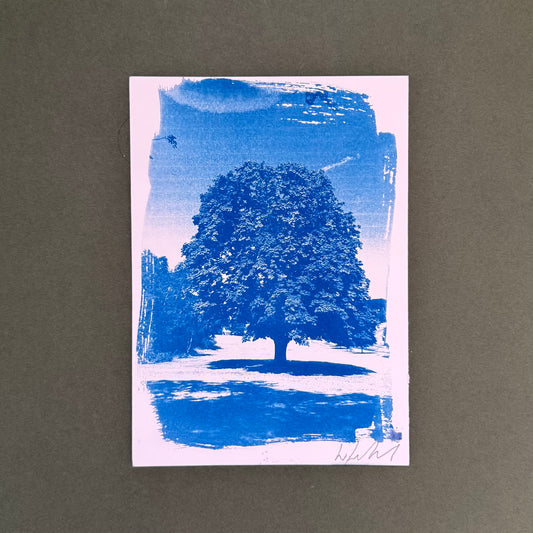 A vertical art print featuring a blue ink cyanotype of a tree with a blue sky and ground reflection, mounted on a dark gray textured background.