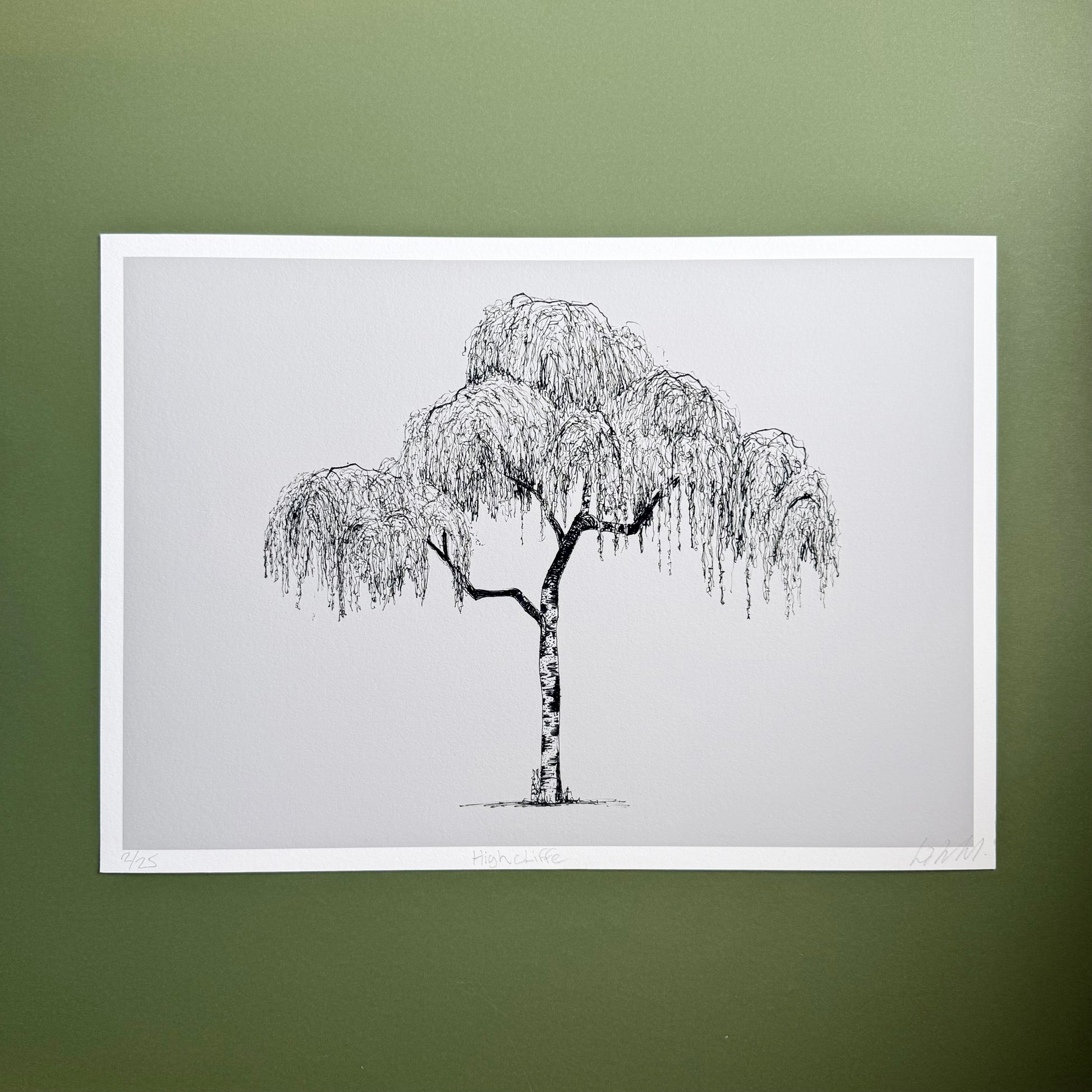Framed black and white drawing of a willow tree on a green wall