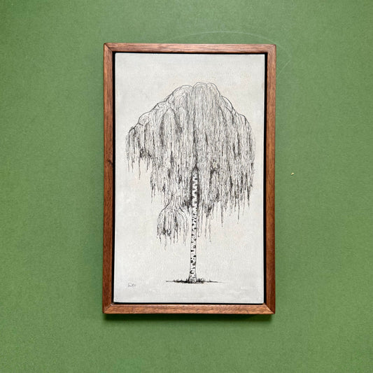 Original ink drawing of a cascading birch tree in Clissold Park on cement, displayed in a solid black walnut frame against green.