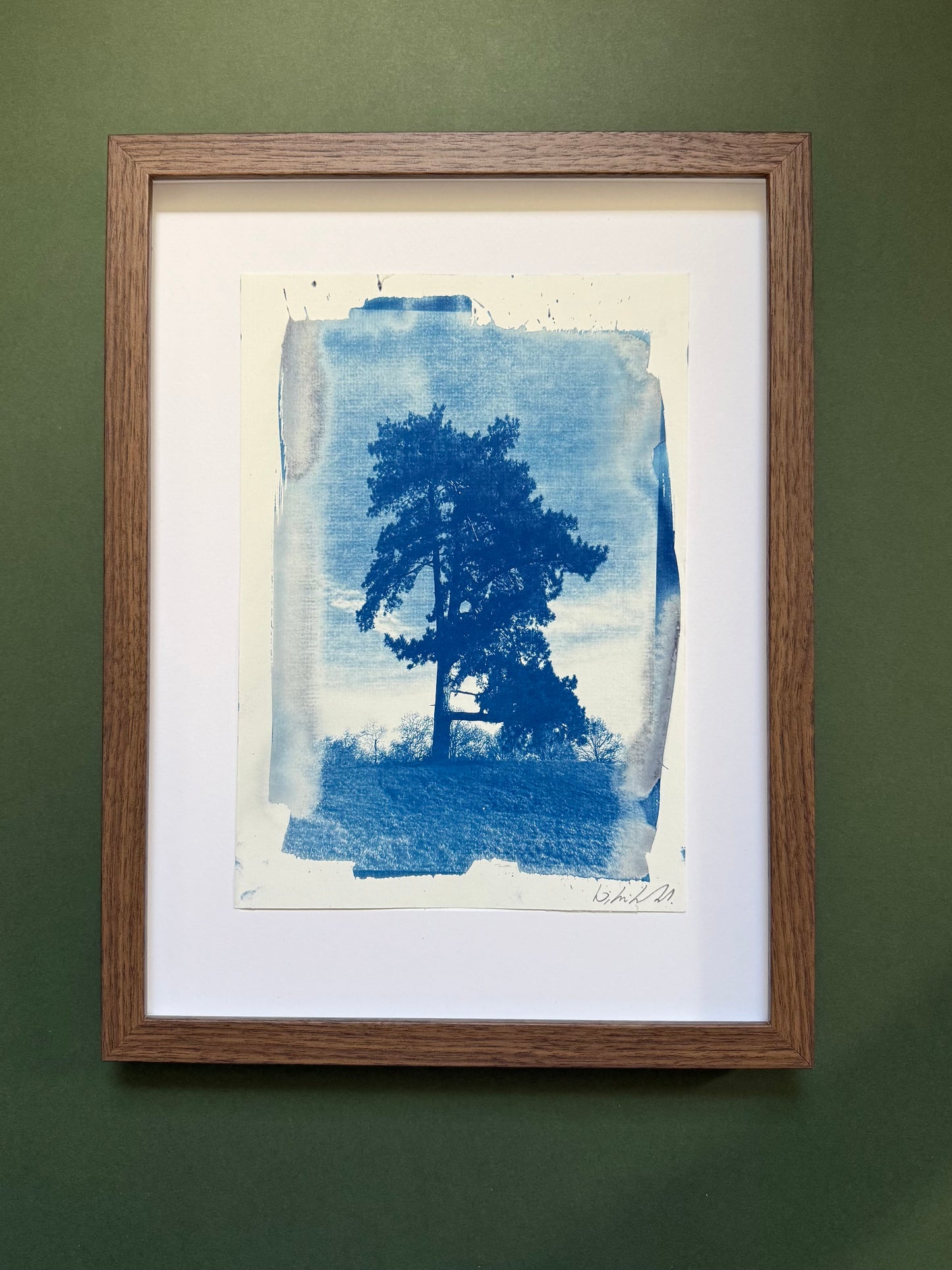 A4 Croome Court cyanotype displayed with a white mount in a dark wooden frame.