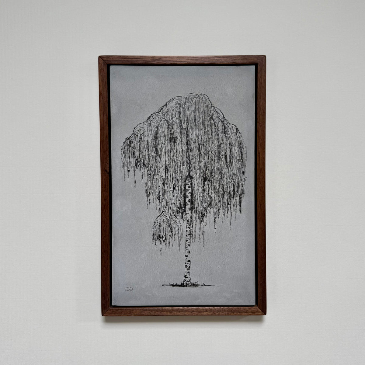 A unique ink drawing of a birch tree in Clissold Park, made on a hand-cast cement slab and presented in a solid black walnut frame.