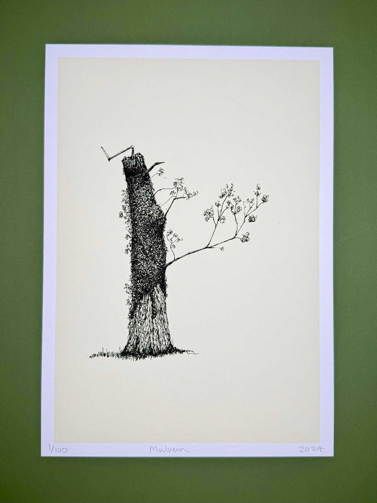 Black and white illustration of a tree on a beige background with a white border, against a green wall.