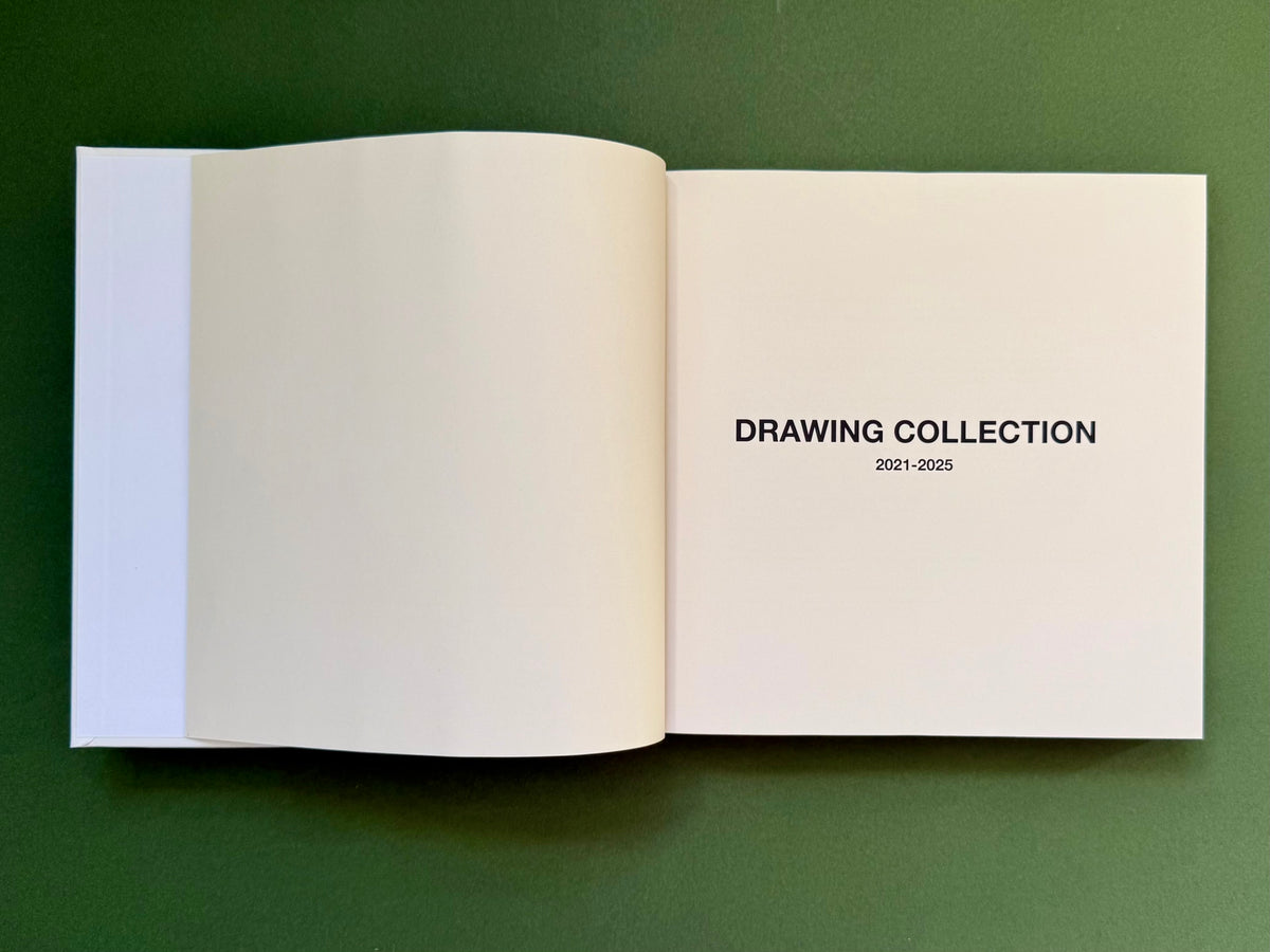 An open book or portfolio with blank cream pages on a dark green background. The right page is printed with the text 'DRAWING COLLECTION' and '2021-2025' in black.