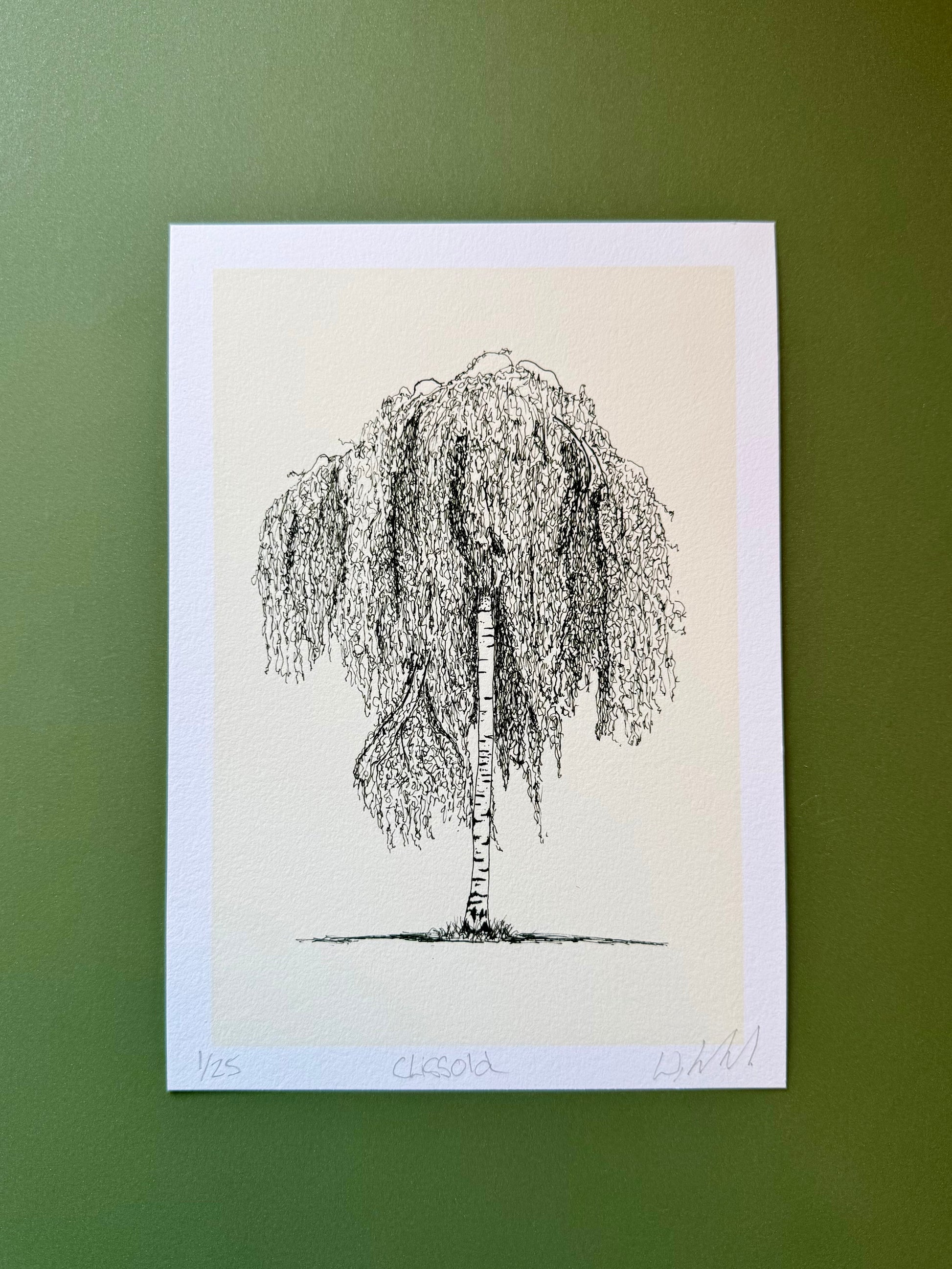 Framed black and white drawing of a willow tree on a beige background