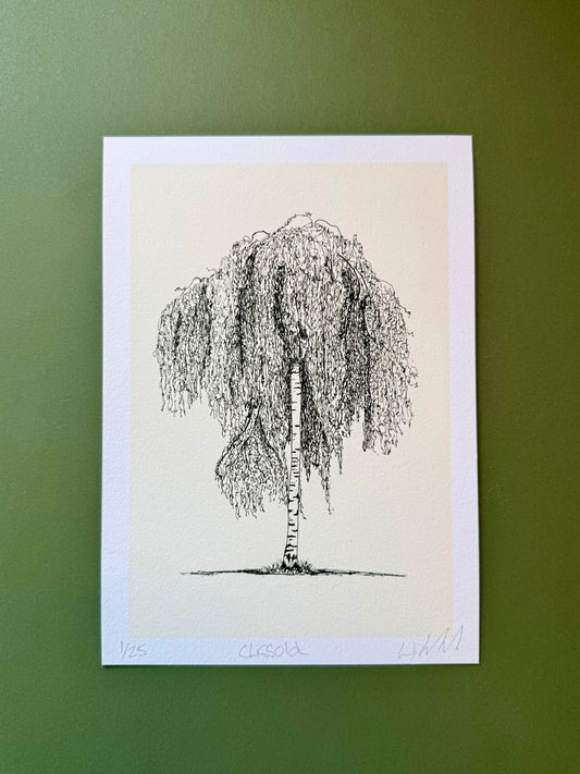 Framed black and white drawing of a willow tree on a beige background
