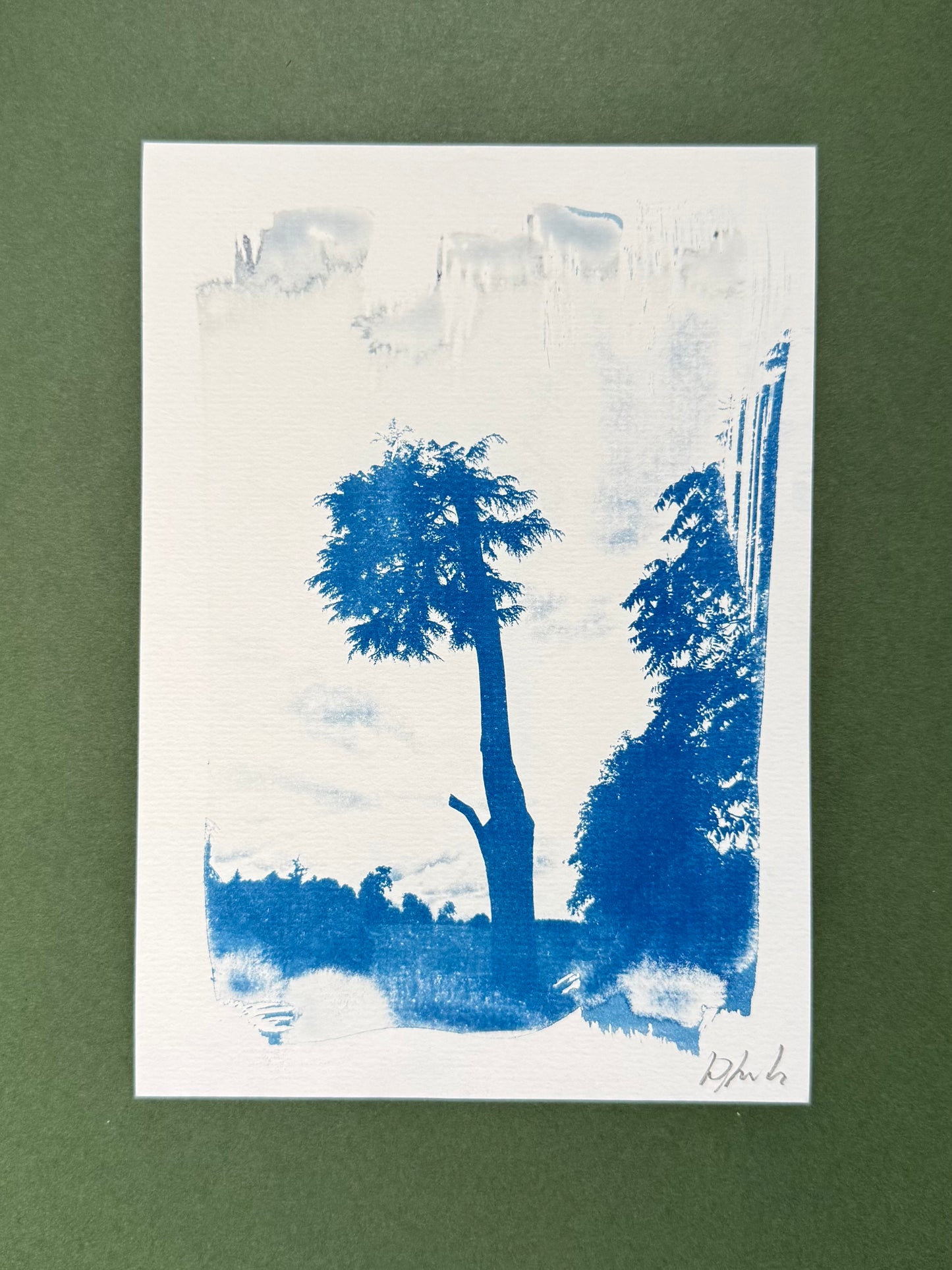 Original blue-and-white A5 cyanotype of a tall sculptural tree at Stowe Gardens, signed by Warren Garland.