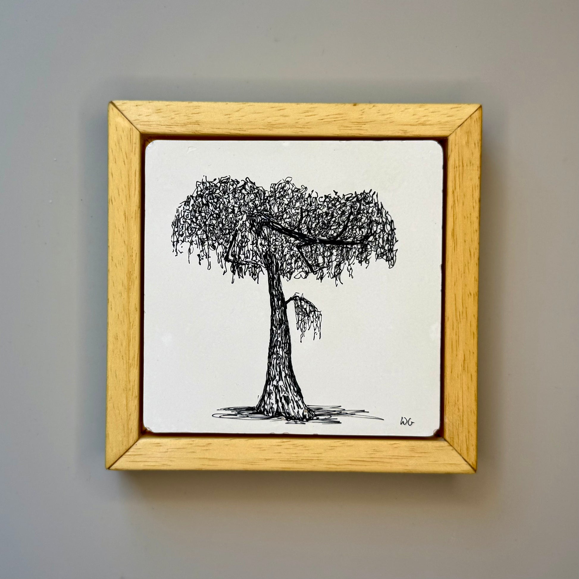 Framed drawing of a tree on a plain background