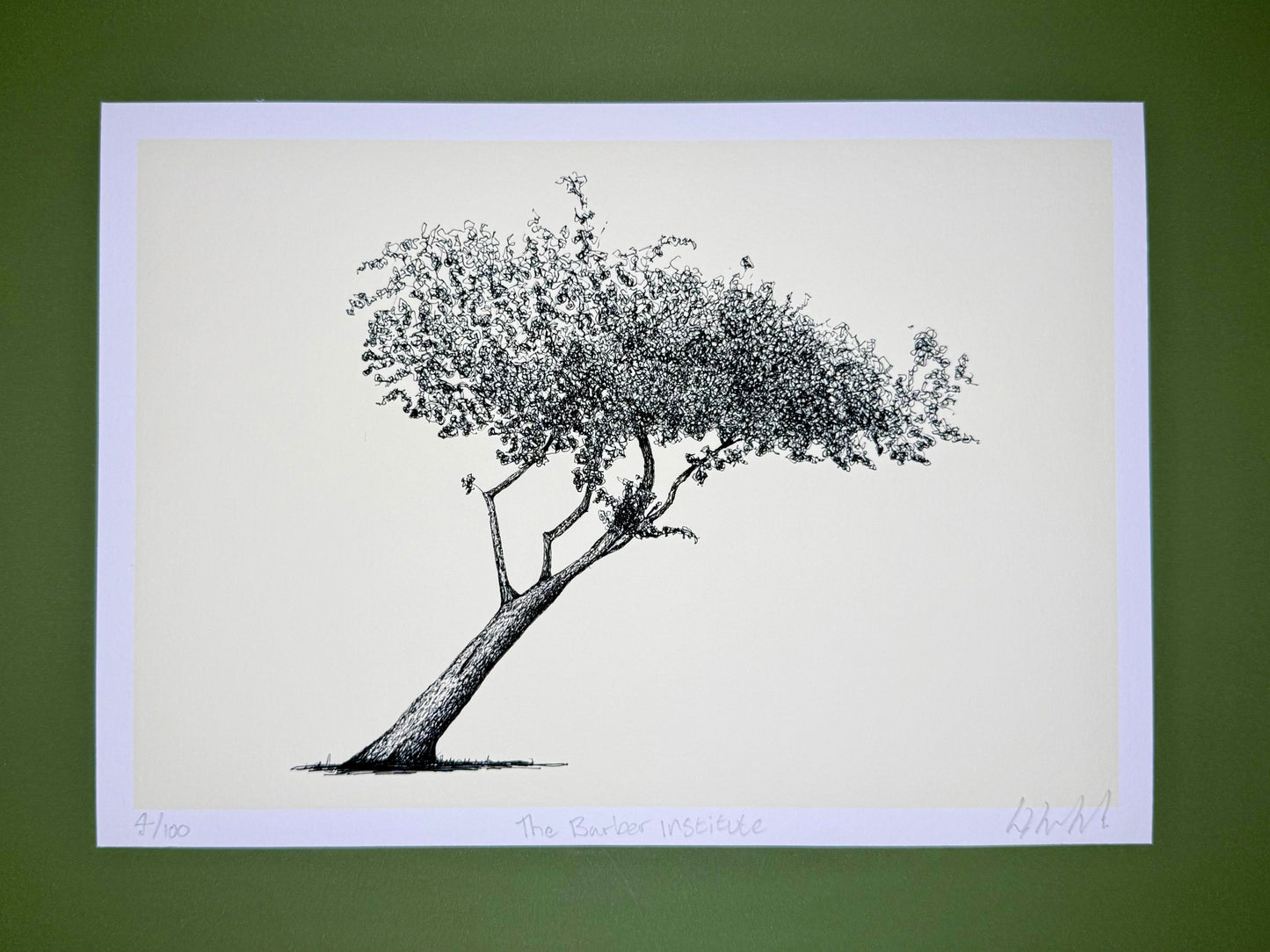 Black and white illustration of a tree on a beige background with a green border