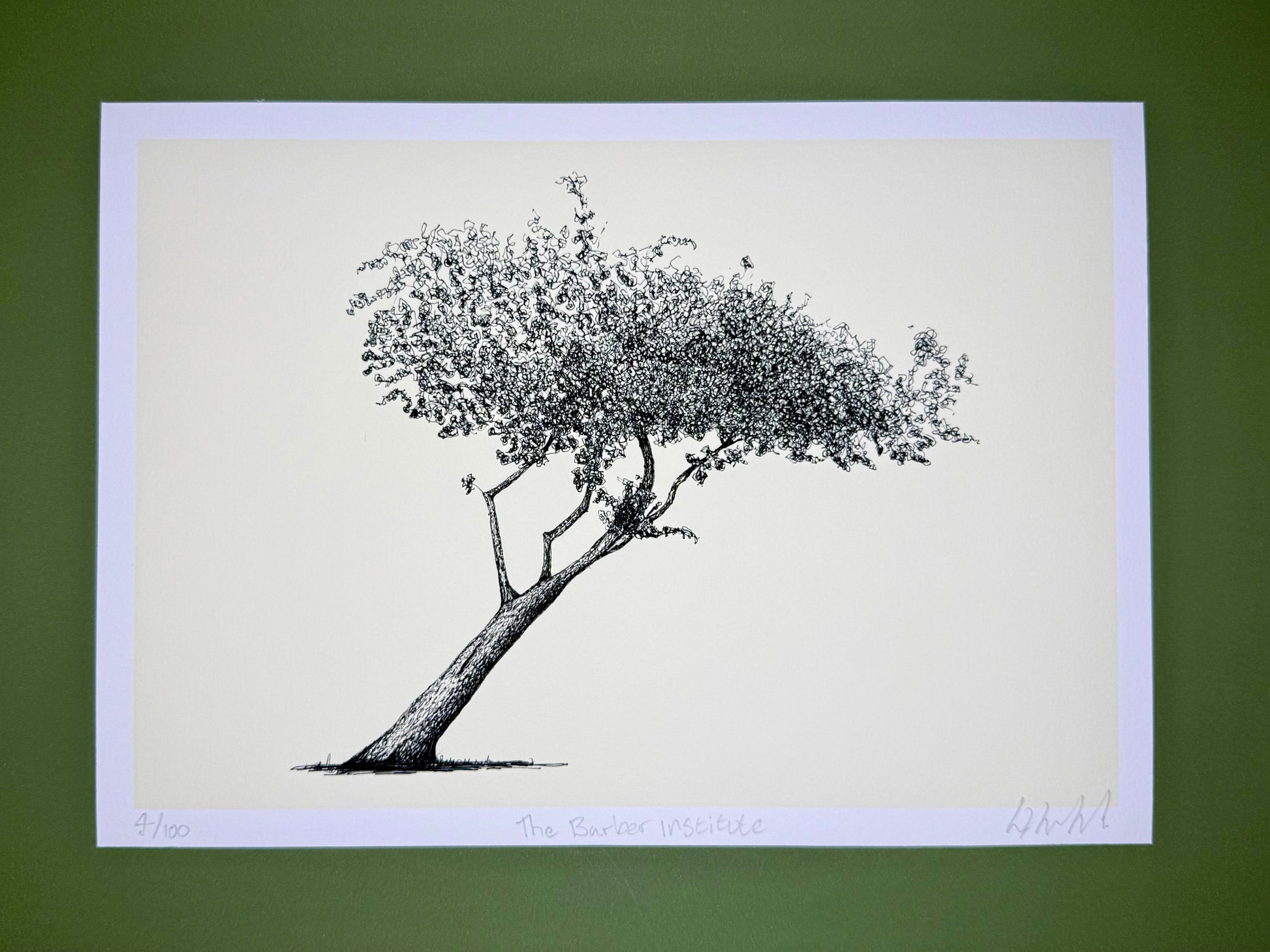 Black and white illustration of a tree on a beige background with a green border