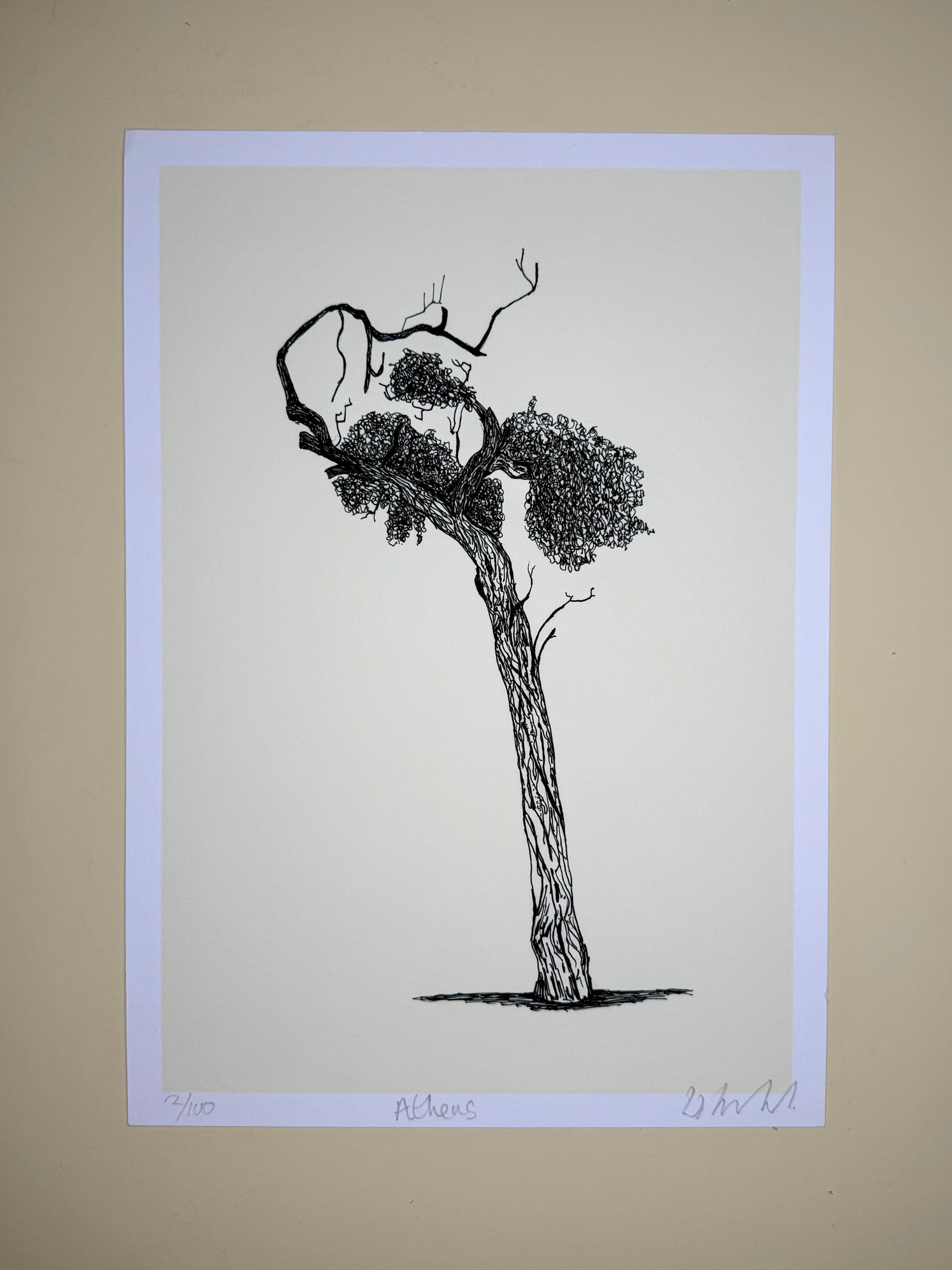 Black and white illustration of a tree on a beige background