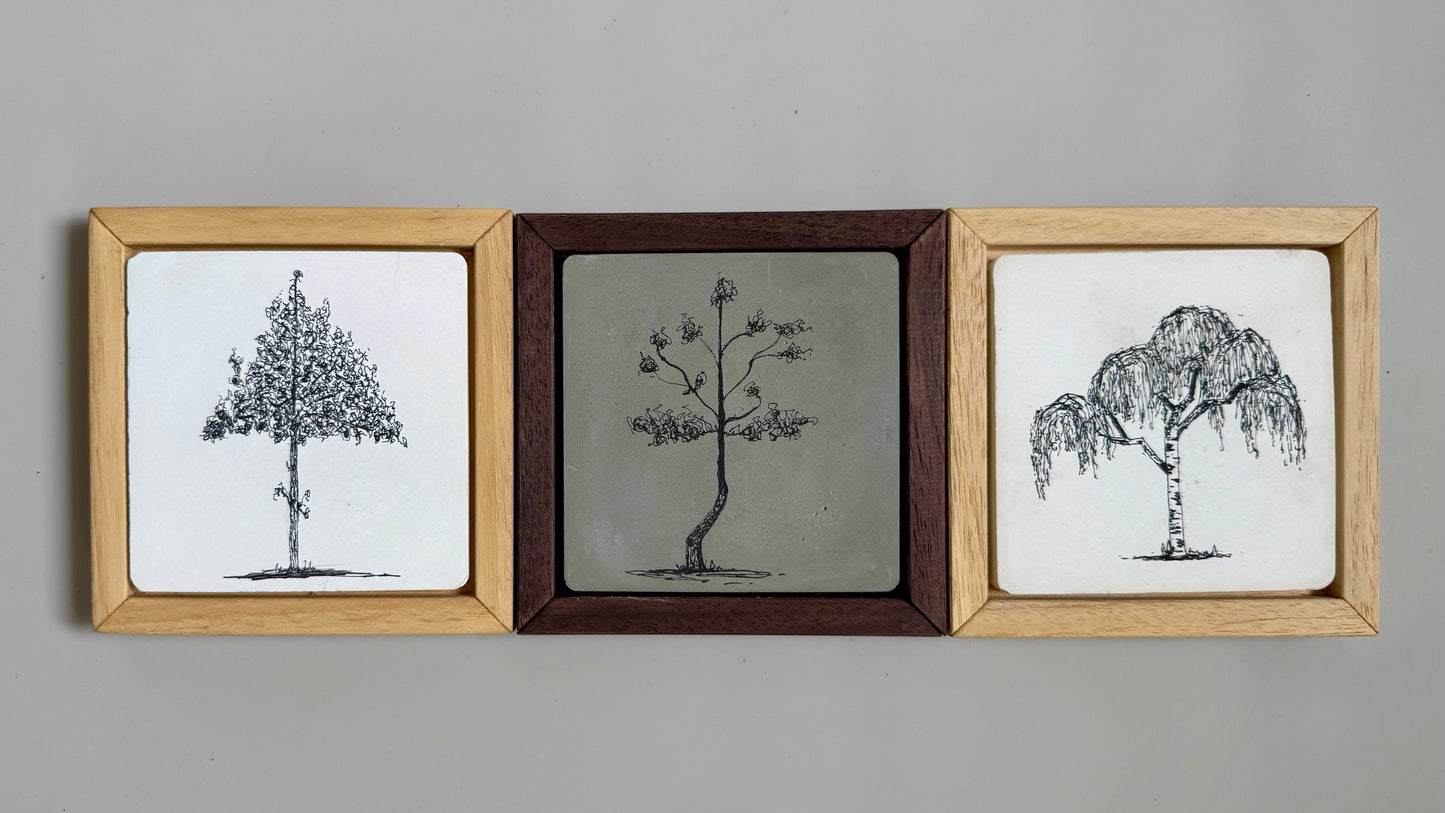 Small Framed Tree Tile – Original Cement Cast & Ink Drawing