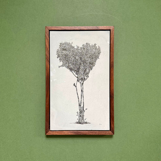 Original Hackney Downs tree drawing in ink on cement, presented in a solid black walnut frame against a green background.