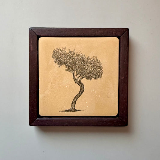 Ink drawing of a twisted hawthorn tree on a warm-toned hand-cast cement tile, set in a dark wood frame against a pale grey wall.