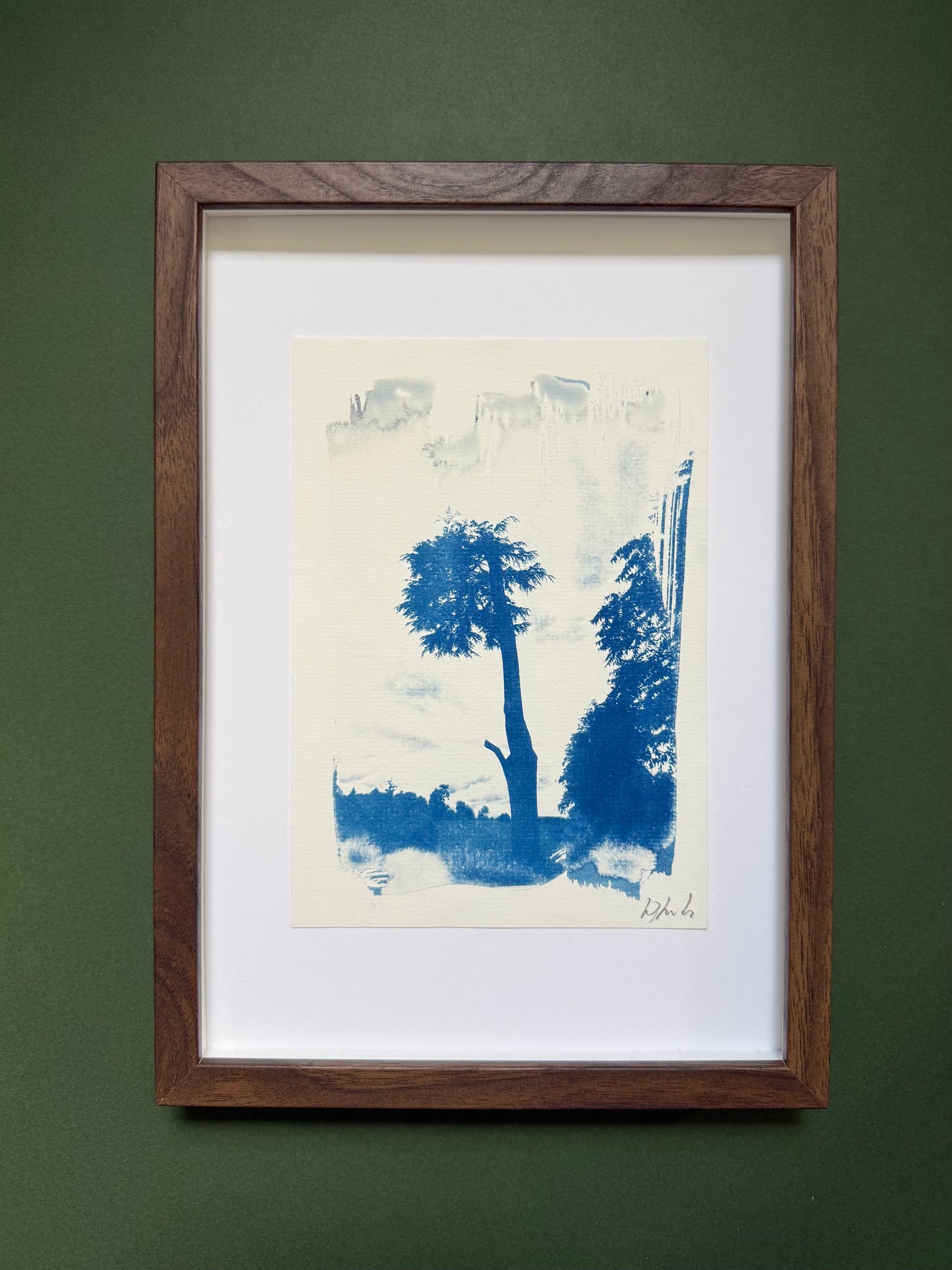 A5 Stowe Gardens II cyanotype displayed with a white mount in a dark wooden frame.