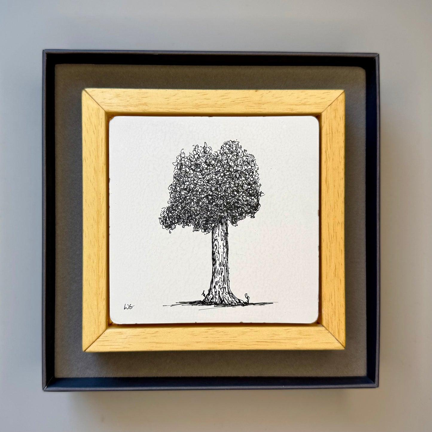 Framed black and white drawing of a tree on a plain background
