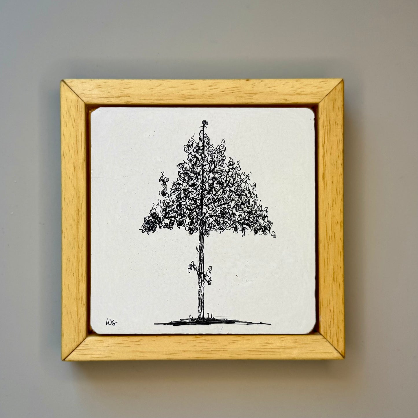 Framed drawing of a tree on a plain background