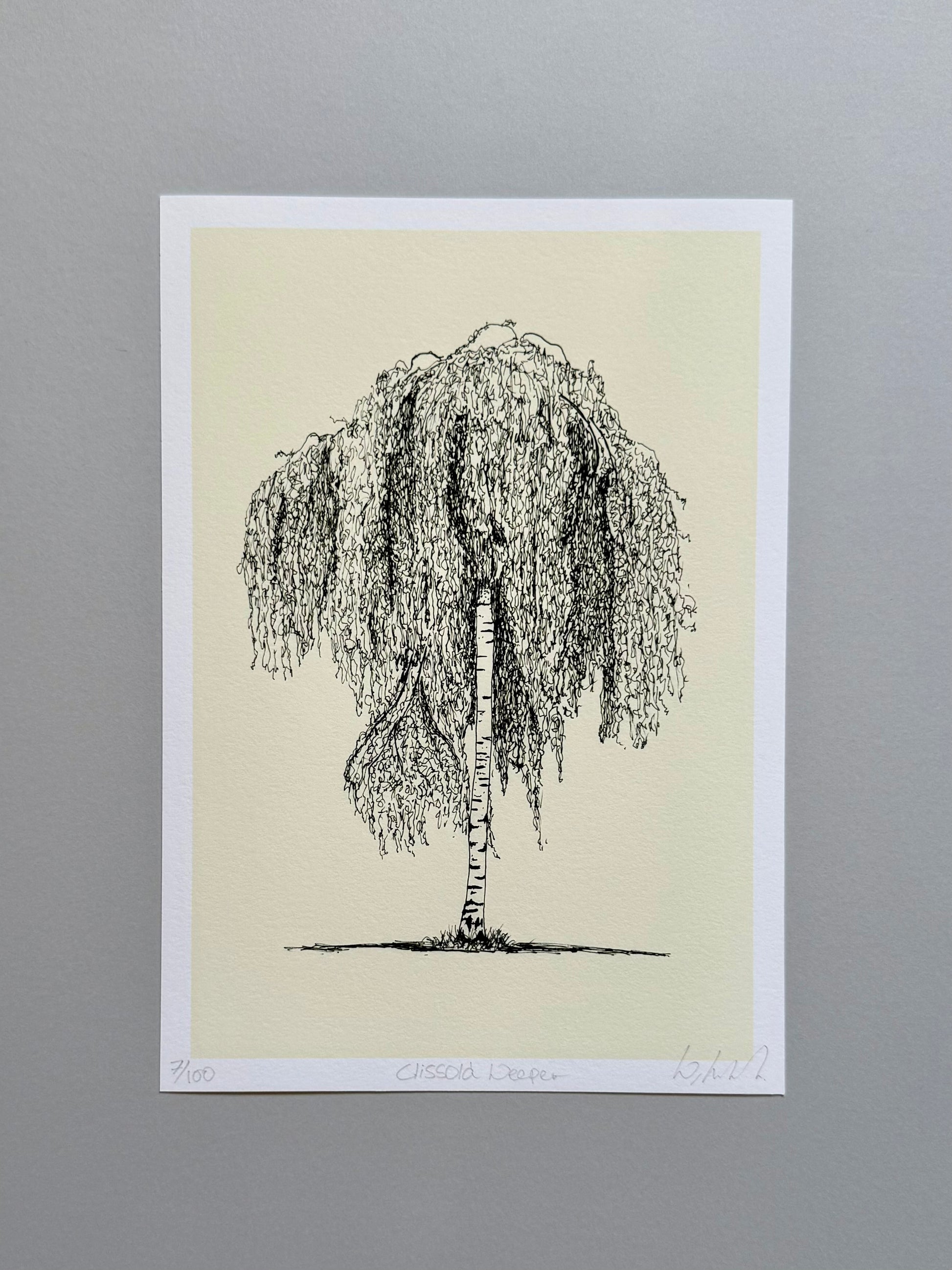 A black ink sketch of a weeping tree on a cream-colored print with a white border, displayed against a neutral gray background.