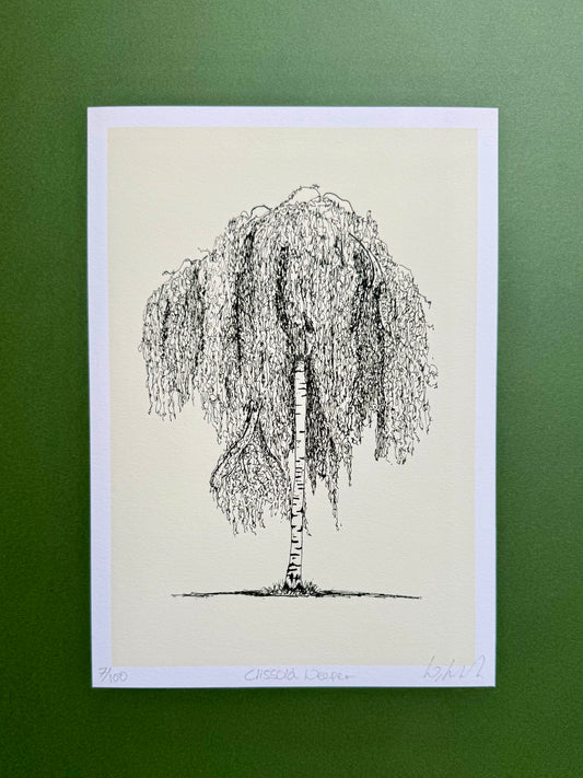 A black ink sketch of a weeping tree on an off-white paper sheet, displayed against a solid dark green background.