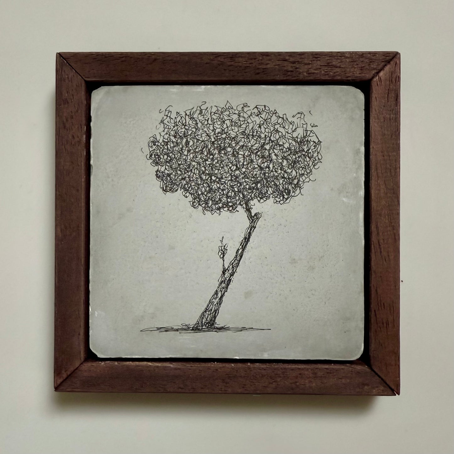 Original ink drawing of a leaning tree on cement tile in a dark wooden frame by Warren Drawing Trees.