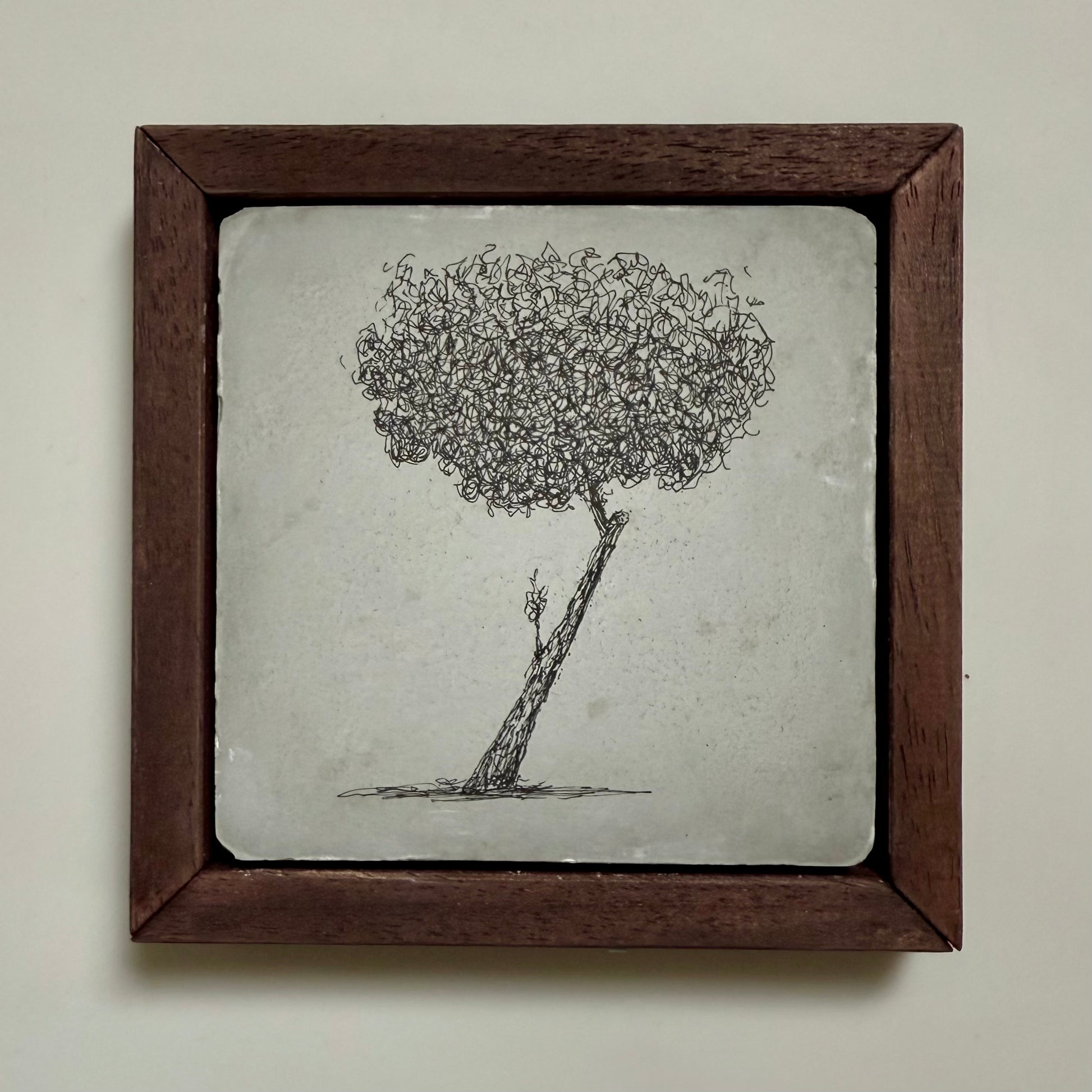 Original ink drawing of a leaning tree on cement tile in a dark wooden frame by Warren Drawing Trees.