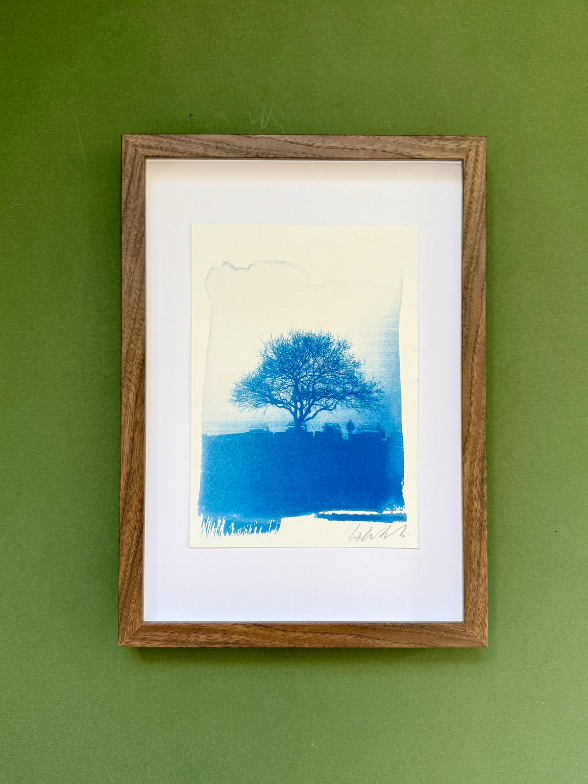 A5 Lickey Hills Hawthorn cyanotype displayed with a white mount in a dark wooden frame.